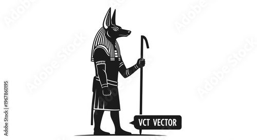 Anubis Egyptian God Vector Silhouette, Jackal Headed Deity Holding Staff