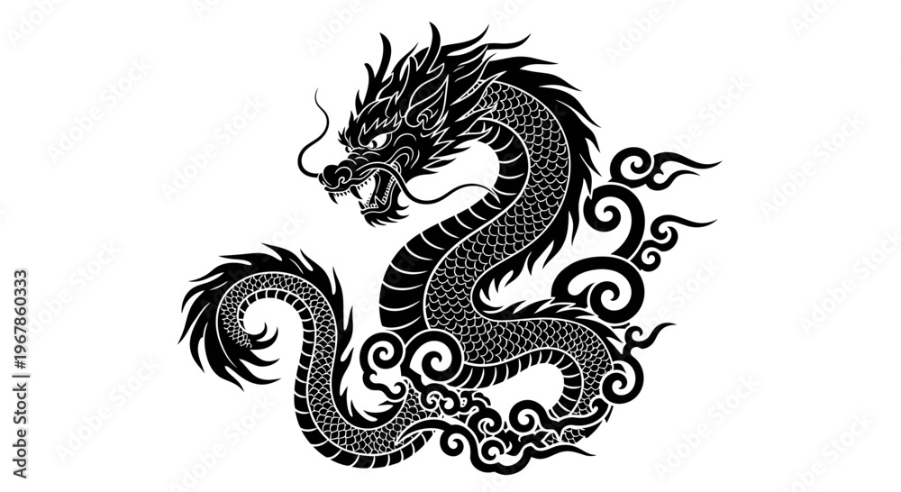 Fototapeta premium Black Dragon Illustration - Traditional Asian Mythical Creature Silhouette