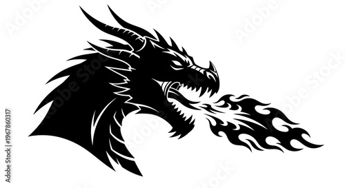 Black Dragon Head Silhouette Breathes Fire - Graphic Icon
