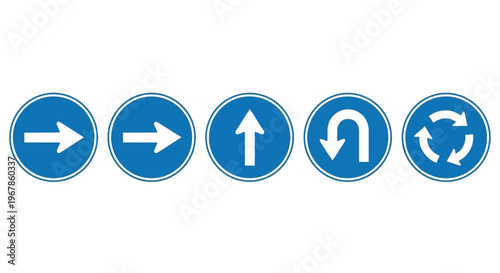 Collection of traffic direction signs including forward, right turn, straight ahead, U-turn, and roundabout
