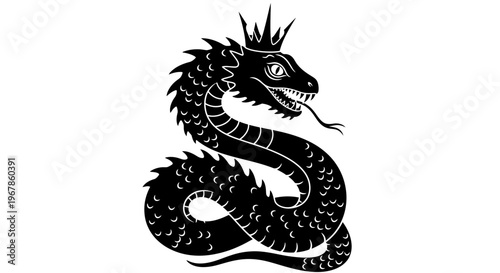 Black Dragon With Crown Icon Silhouette on White Background