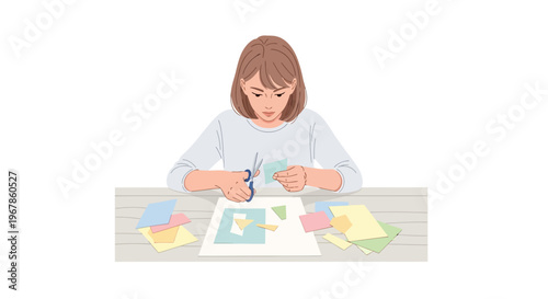 Female artist cutting and pasting papers to create creative flat vector design
