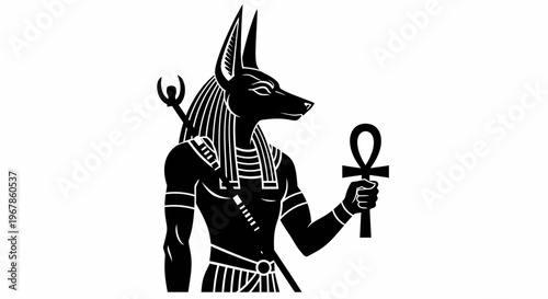 Black Silhouette of Anubis, Egyptian God of Mummification, Holding Ankh Symbol