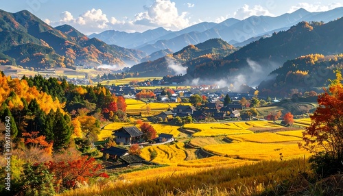 A serene village nestled in a valley surrounded by vibrant autumn foliage and majestic mountains