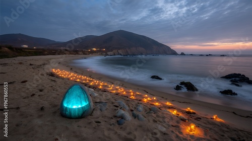 Glowing object on beach with candlelight path at dusk