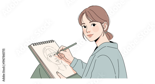 Young female painter focusing on facial features for detailed portrait artwork
