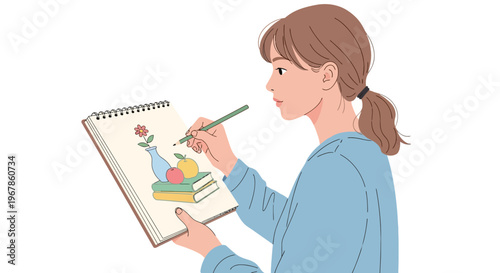 Artist focusing on detailed still life drawing with soft pastel palette
