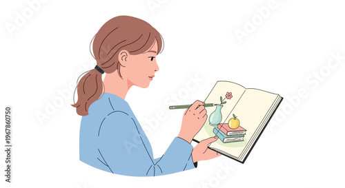 Young female artist carefully illustrating fruits and flowers in still life scene
