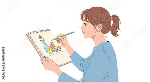 Female artist drawing still life objects on paper with pencil and pastel colors
