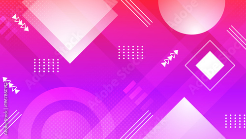 Creative purple Memphis design featuring floating geometric elements and dynamic shapes with gradients