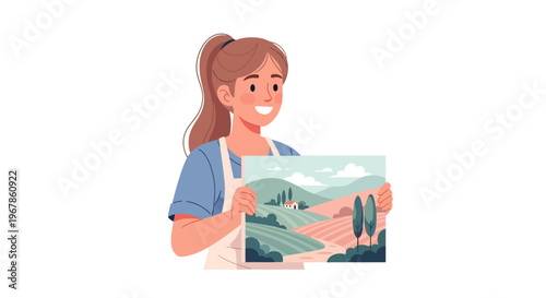 Young artist holding colorful landscape painting with minimal style
