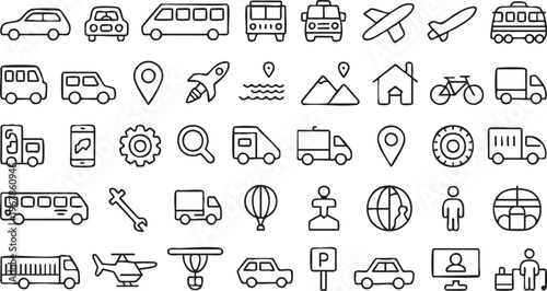 Delivery and transport icon pack with cars, trucks, planes and navigation