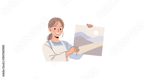 Female artist smiling while displaying finished creative artwork
