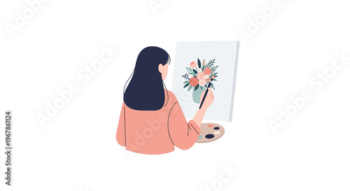 Young artist designing harmonious colorful floral composition on canvas
