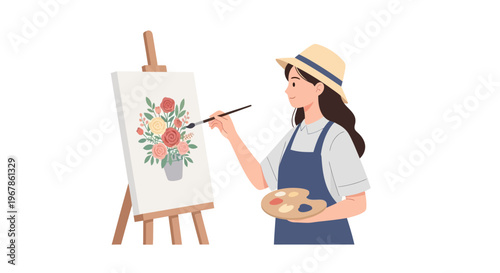 Young female painter focusing on detailed flowers and leaves in artwork

