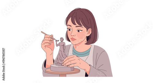 Female artist sculpting detailed miniature figure with clay on white background
