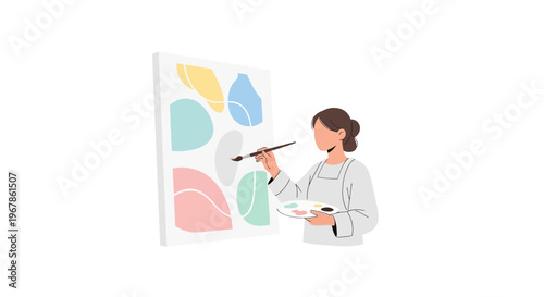 Female painter holding brush and working on canvas with soft pastel color palette
