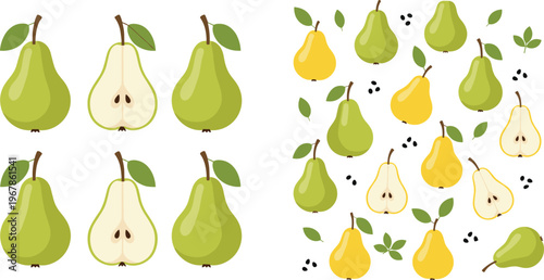 Pear vector set with whole and sliced green fruits. Collection with leaves and seeds. Flat organic food illustration for healthy lifestyle, packaging, and market design.