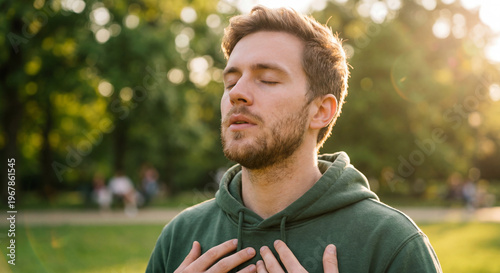 Young man practicing deep breathing meditation outdoors in sunlight for mental health and relaxation