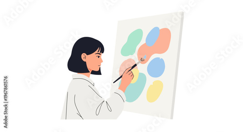 Young female painter creating detailed artwork on canvas with brush in minimal style
