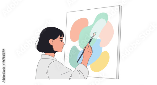 Female artist painting modern abstract composition on canvas with clean white background
