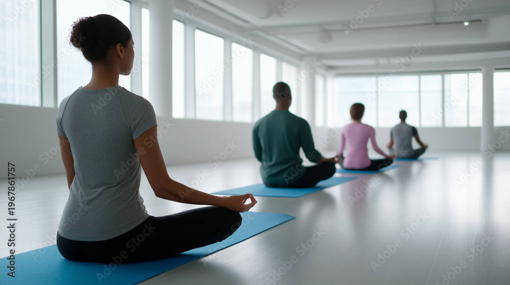 Fototapeta premium Group of people practicing yoga in bright studio, representing wellness, mindfulness and healthy lifestyle.