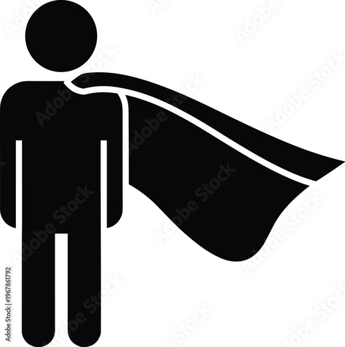 Superhero silhouette icon, heroic figure design, standing hero pose, cape flowing illustration, superhero vector art, superhero flat vector illustration