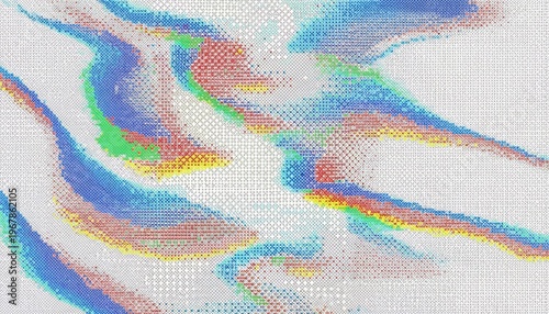A vibrant abstract artwork featuring swirling rainbow colors on a textured white background