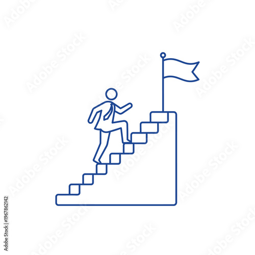 Man climbing stairs towards flag symbolizing success and achievement.
