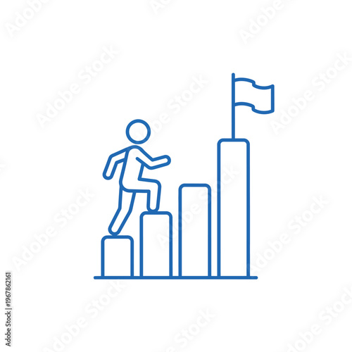Man climbing stairs towards success and goal flag.