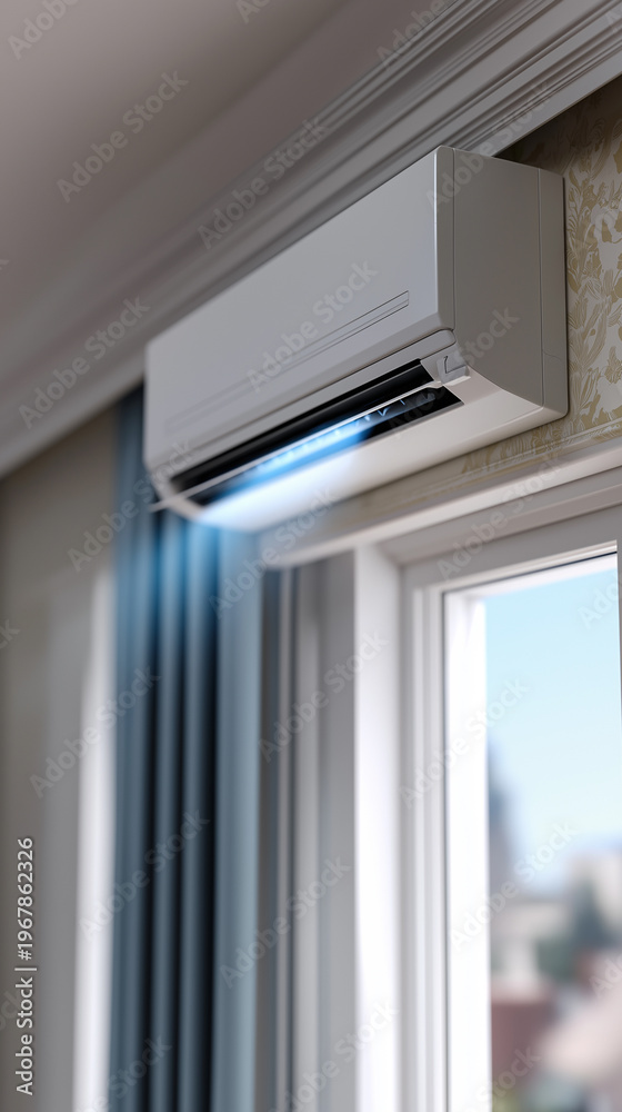 Fototapeta premium Wall-mounted air conditioner cooling a modern interior with visible airflow, representing home climate control, energy efficiency, indoor comfort, and residential HVAC technology.