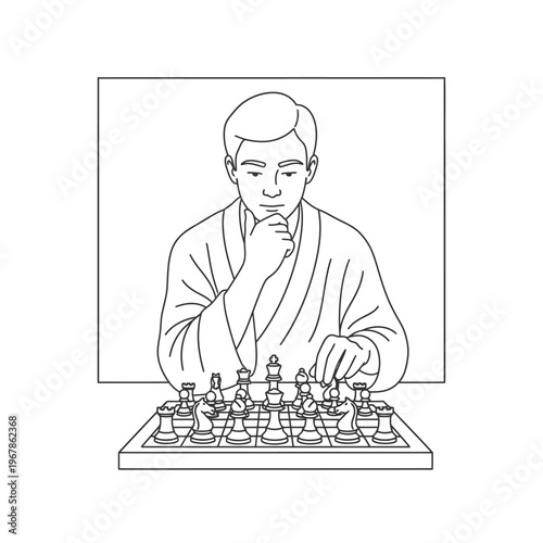 Man deep in thought playing chess game.