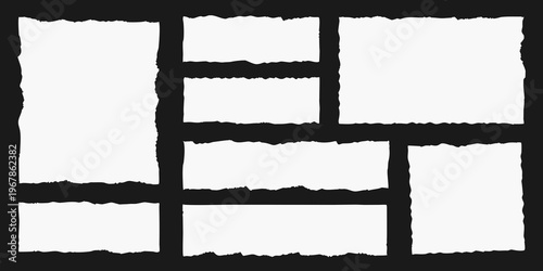 Torn paper collage with irregular white rectangles on black background