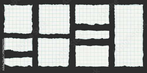 Torn pieces of lined paper arranged against a black background