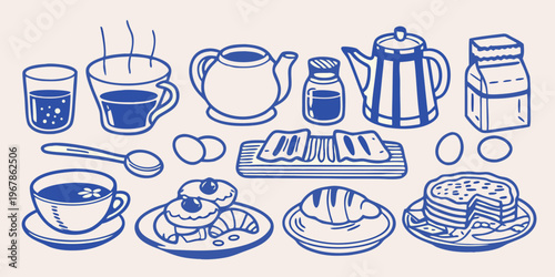 A collection of hand drawn breakfast items and beverages in blue