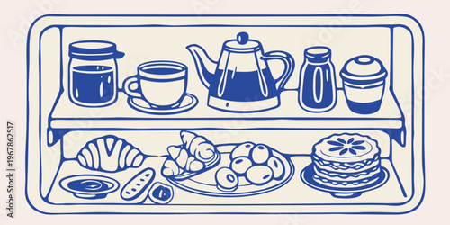 A blue toned illustration depicting a tray filled with breakfast items