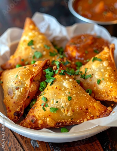 Crispy samosas filled with spiced potatoes and peas, golden fried texture, street food style presentation