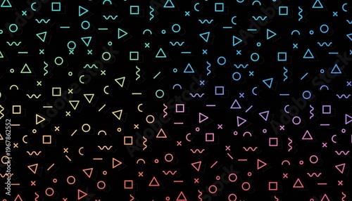 A vibrant and colorful geometric pattern on a black background, featuring various shapes and symbols in a mesmerizing design.