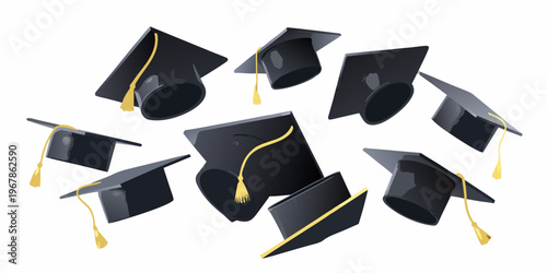 Multiple black graduation caps are tossed in a celebratory display