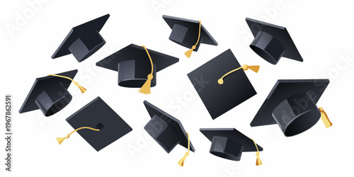 A collection of black graduation caps floating in a white space