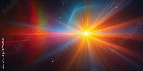 An abstract glowing sun burst design with bright orange and yellow rays shines across a blue space background texture to create a vibrant light explosion illustration wallpaper