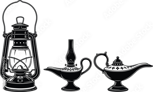 Vintage kerosene lantern and antique magic oil lamps set, retro light source collection, decorative traditional burner, flat vector illustration, isolated icons