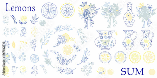 A collection of hand drawn lemon illustrations and floral vase arrangements