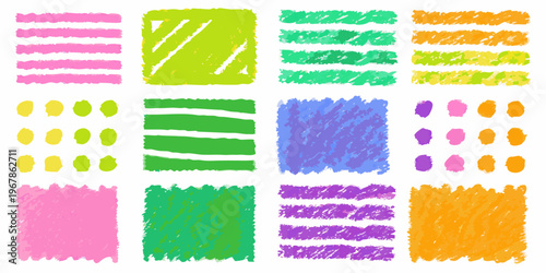 Colorful crayon scribbles arranged in a grid pattern on white background