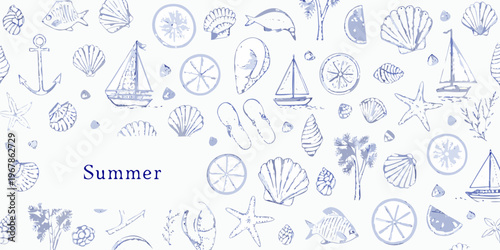 Nautical summer pattern featuring seashells boats and marine life sketches
