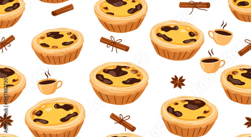 Seamless Flat Vector Pattern of Egg Tarts with Coffee Cups, Cinnamon Sticks, and Star Anise for Bakery Branding, Kitchen Decor, and Cafe Wallpaper
