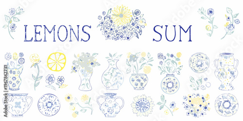 A collection of hand drawn lemons flowers and vintage ceramic vases