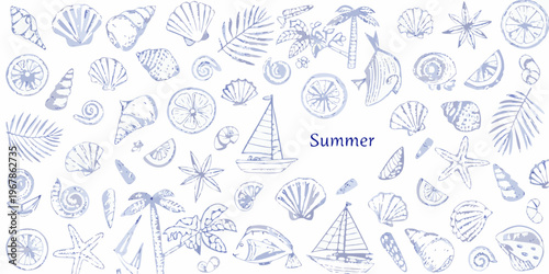 A collection of hand drawn seashells palm trees and summer elements