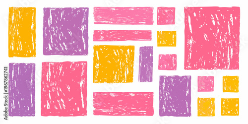 Abstract arrangement of colorful textured rectangles in a minimalist composition