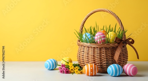 Easter basket with colorful eggs and flowers on yellow background